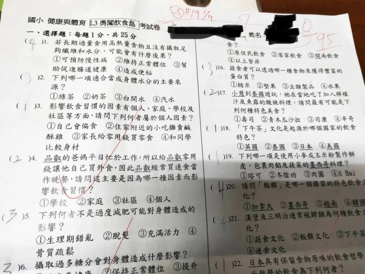 ▲台中市議員王立任秀出小學生考卷，因為忘了寫名字，從95分被改為0分。（圖／翻攝王立任臉書，2026.01.14）