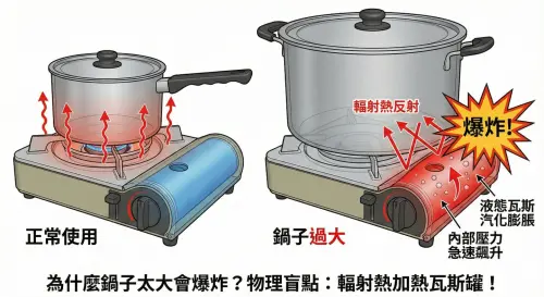▲一張圖看懂恐怖的「BLEVE」死神陷阱！當大鍋具擋住散熱，輻射熱會反射並直接「火烤瓦斯罐」，導致內部壓力失控，引發無預警炸裂。（圖／翻攝自消防神主牌Threads）