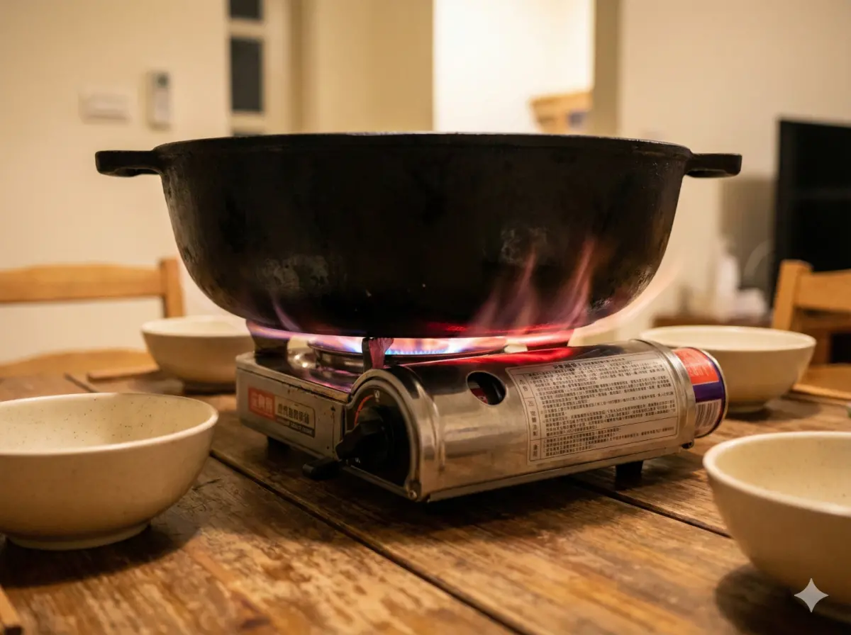 ▲消防員示警，在卡式爐上使用超出爐架大小的鍋具（如圖中大鍋覆蓋瓦斯罐艙），會導致熱輻射反射回瓦斯罐造成過熱，引發「BLEVE」爆炸危機。（示意圖／AI 生成圖）