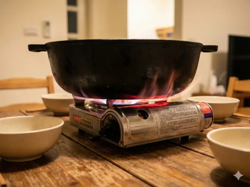 ▲消防員示警，在卡式爐上使用超出爐架大小的鍋具（如圖中大鍋覆蓋瓦斯罐艙），會導致熱輻射反射回瓦斯罐造成過熱，引發「BLEVE」爆炸危機。（示意圖／AI 生成圖）