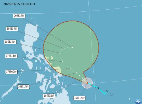 ▲洛鞍颱風會先沿高壓邊緣往西北西方向移動，周日開始朝東偏轉。（圖／中央氣象署cwa.gov.tw）