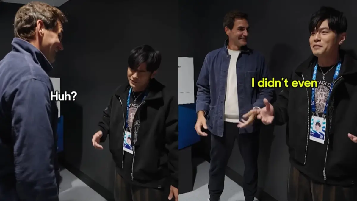 ▲費德勒（圖左）看到周杰倫一球止步的畫面，還消遣他怎麼沒有反應，讓天王尷尬笑說「超糗」。（圖／Australian Open IG@australianopen）