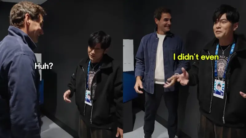 ▲費德勒（圖左）看到周杰倫一球止步的畫面，還消遣他怎麼沒有反應，讓天王尷尬笑說「超糗」。（圖／Australian Open IG@australianopen）