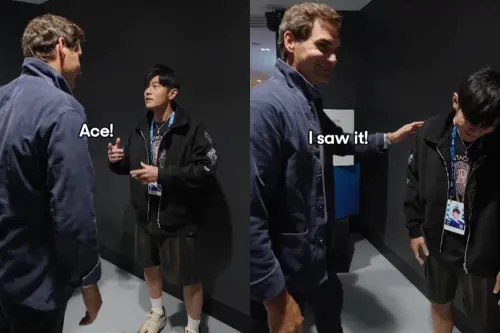 ▲周杰倫（圖右）一聽費德勒有看他的比賽，嚇得瞪大眼睛，下一秒撇頭尷尬地笑。（圖／Australian Open IG@australianopen）