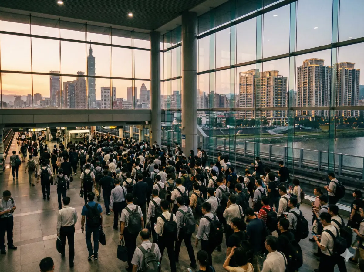 ▲受高房價擠壓，台北市十年流失27萬人口，相當於「蒸發」一個大安區。圖為傍晚尖峰時刻，大批通勤族湧入轉運樞紐，準備搭車返回新北或桃園的居所，形成壯觀的跨縣市移動人潮，也反映出「以時間換空間」的居住趨勢。（示意圖／AI 生成）