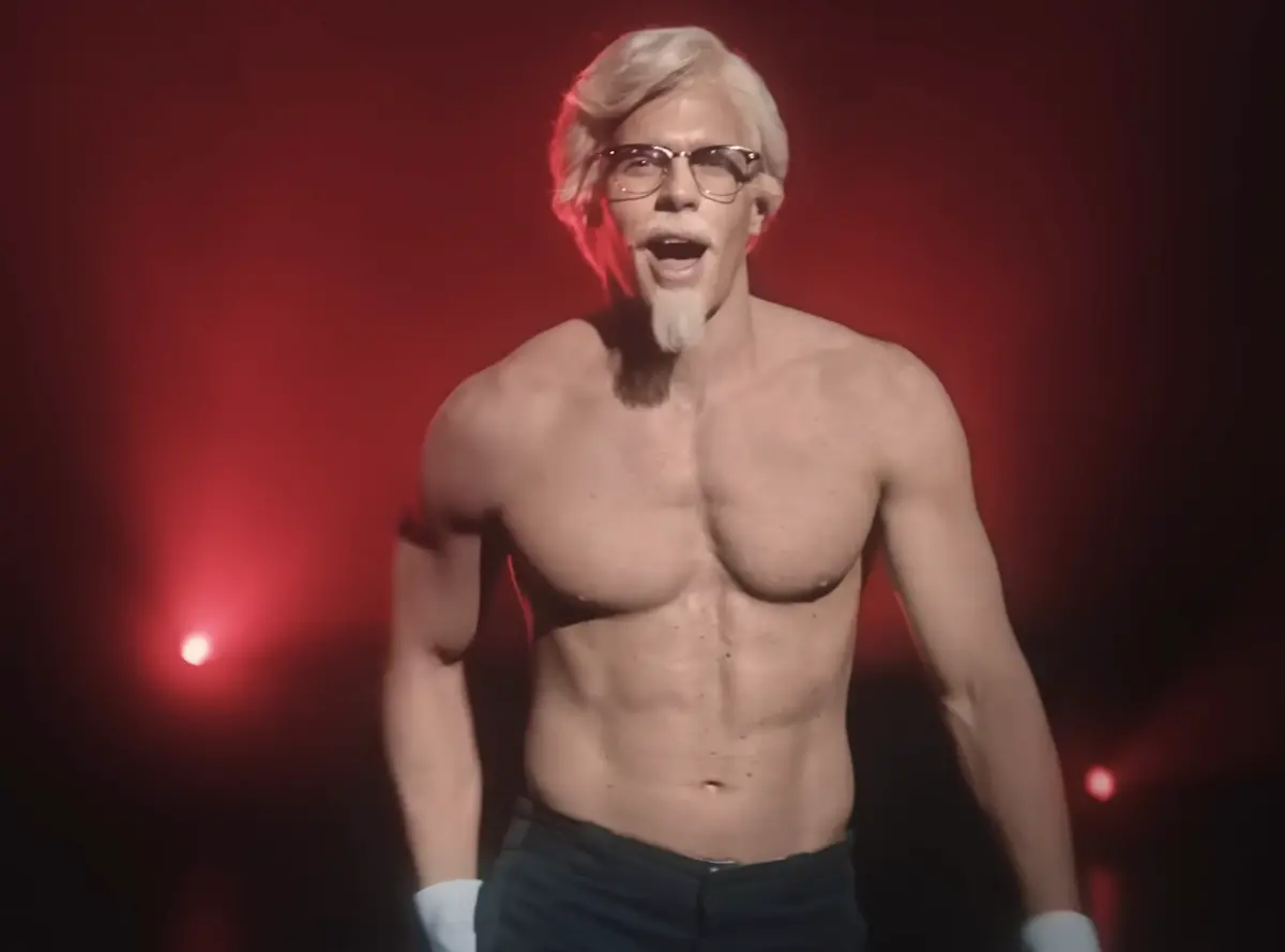 ▲看過猛男版肯德基爺爺（如圖）？肯德基過去在美國的廣告中找過一堆知名藝人扮過山德斯上校，陣容超狂，竟還包括《魔戒》系列的主要演員史恩奧斯汀等人。（圖／摘自 KFC YT）