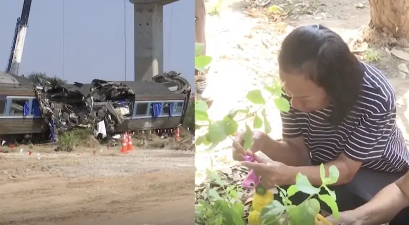 ▲泰國近期發生傷亡近百人的起重機砸火車事件，60歲的母親拉比雅・猜亞蓬15日前往呵叻府四吉歐縣的事故地點招魂。（圖／翻攝自影片）