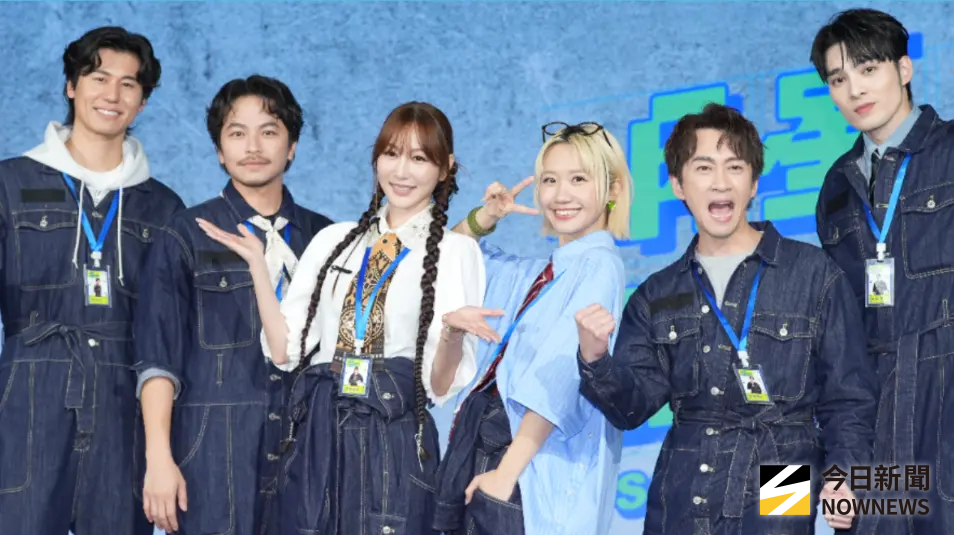 ▲風田（左起）、楊銘威、曾莞婷、Lulu、陳漢典及黃偉晉今（16）日出席《明星製作公司》首播記者會，Lulu爆料錄影楊銘威經常失控導致場面僵持，開玩笑說「下一季楊銘威不能來？可不可以換許光漢？」互動逗樂全場。（圖／記者嚴俊強攝影）