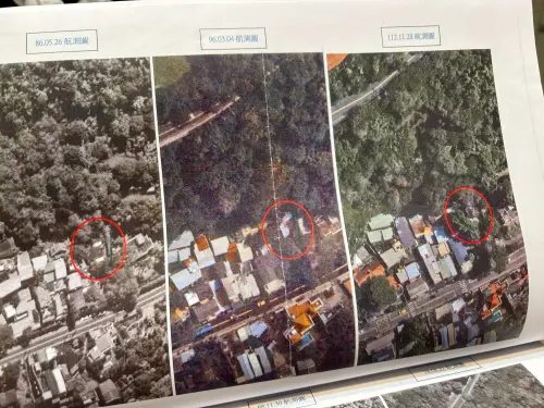 ▲經比對空拍圖發現，該址在近年出現明顯的新增建築量體（紅圈處）。臺北市建管處證實，該案已於2024年11月4日認定為「拆後重建」之違建，並移送法辦。（圖／翻攝畫面）