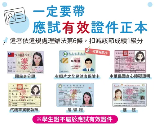 ▲考生進入考場時，應攜帶有效證件正本，如國民身分證、有照片之全民健康保險卡、汽機車駕駛執照、居留證、護照、中華民國身心障礙證明等。（圖／大學入學考試中心提供www.ceec.edu.tw）