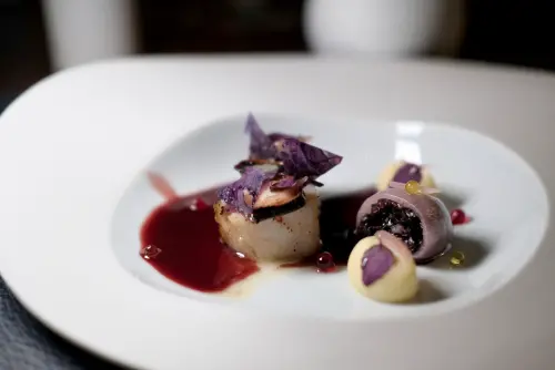 ▲「法國鱸/鱈魚｜章魚｜紅酒奶油醬汁」選用紅酒醬汁而非慣見經常搭配海鮮的白醬。（圖／記者葉盛耀攝）