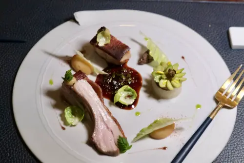 ▲主菜「屏東乳豬｜蕪菁｜毛豆」將乳鴿做出多重口感與滋味。（圖／記者葉盛耀攝）