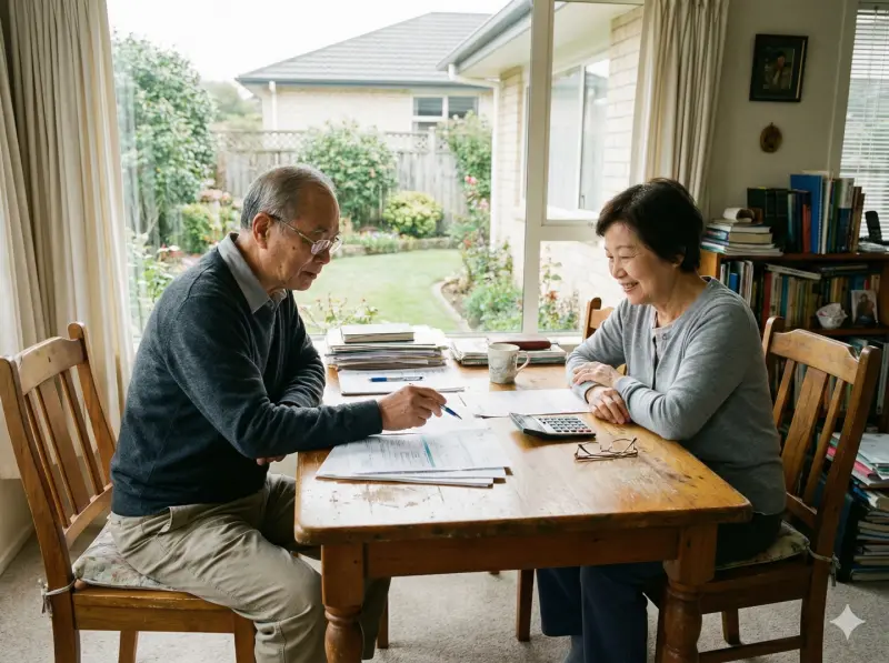 ▲許多長輩擁有房產卻缺乏現金流，透過「以房養老」（不動產逆向抵押貸款）活化資產，便能在自家熟悉的環境中安心養老，不必擔心生活費。圖為一對長輩在家中商討財務規劃的示意情境。（圖／AI 生成示意圖）