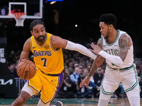 ▲湖人替補後衛文森（左）持有1150萬美元到期合約，成為球團想尋求交易的主要薪資包。（圖／美聯社／達志影像）