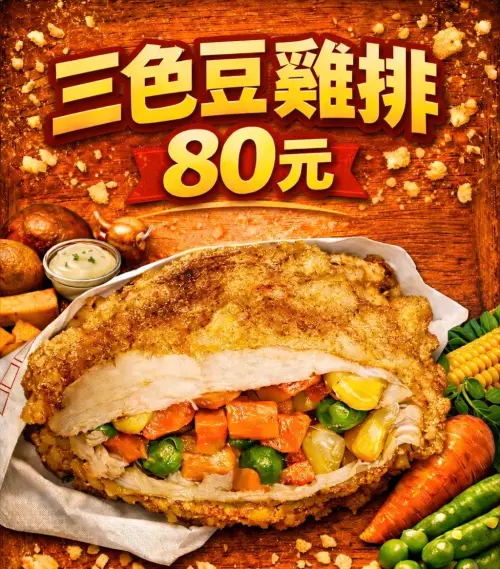 ▲彰化炸物店開賣「三色豆雞排」，宣傳照中雞排內塞滿了三色豆，看起來十分違和。（圖／心口福脆皮雞排彰化社頭店臉書）