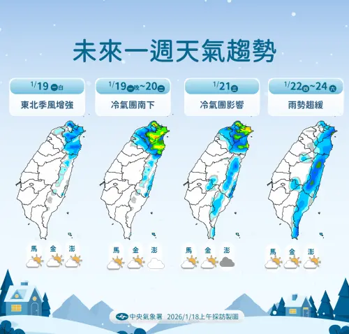 ▲未來一周北方冷空氣遞補增強、南下，整體氣溫將一路下滑，且環境水氣增多，北台灣、東半部都是濕冷環境。（圖／中央氣象署cwa.gov.tw）