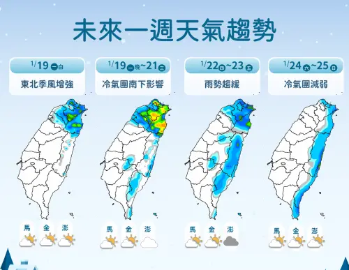 ▲未來一周北方冷空氣遞補增強、南下，整體氣溫將一路下滑，且環境水氣增多，北台灣、東半部都是濕冷環境。（圖／中央氣象署cwa.gov.tw）