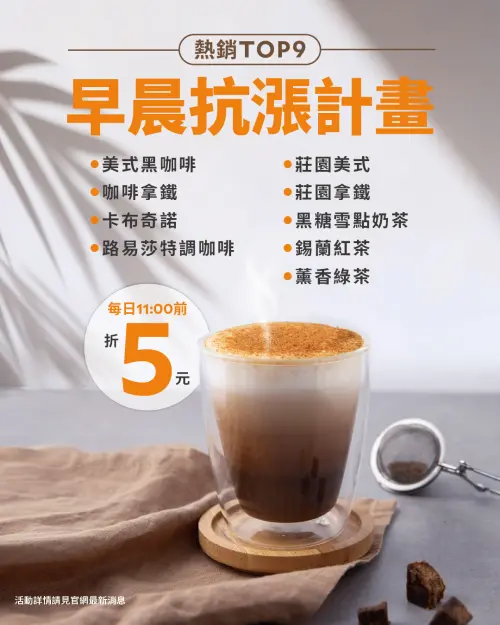 ▲路易莎熱銷TOP 9飲品，每日早晨「現折5元」優惠。（圖／路易莎咖啡 louisacoffee.co）