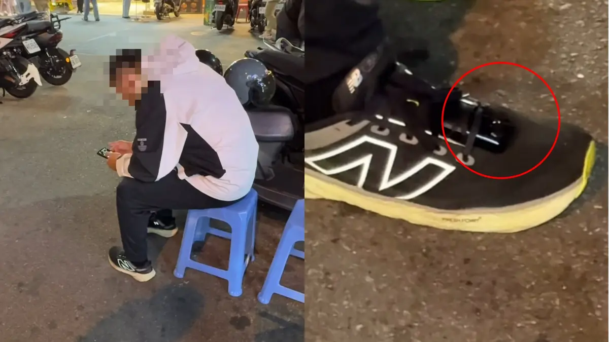 ▲逢甲夜市驚見男子「鞋綁攝影機」疑刻意接近女性進行偷拍。（圖／翻攝Threads＠z_wm1）