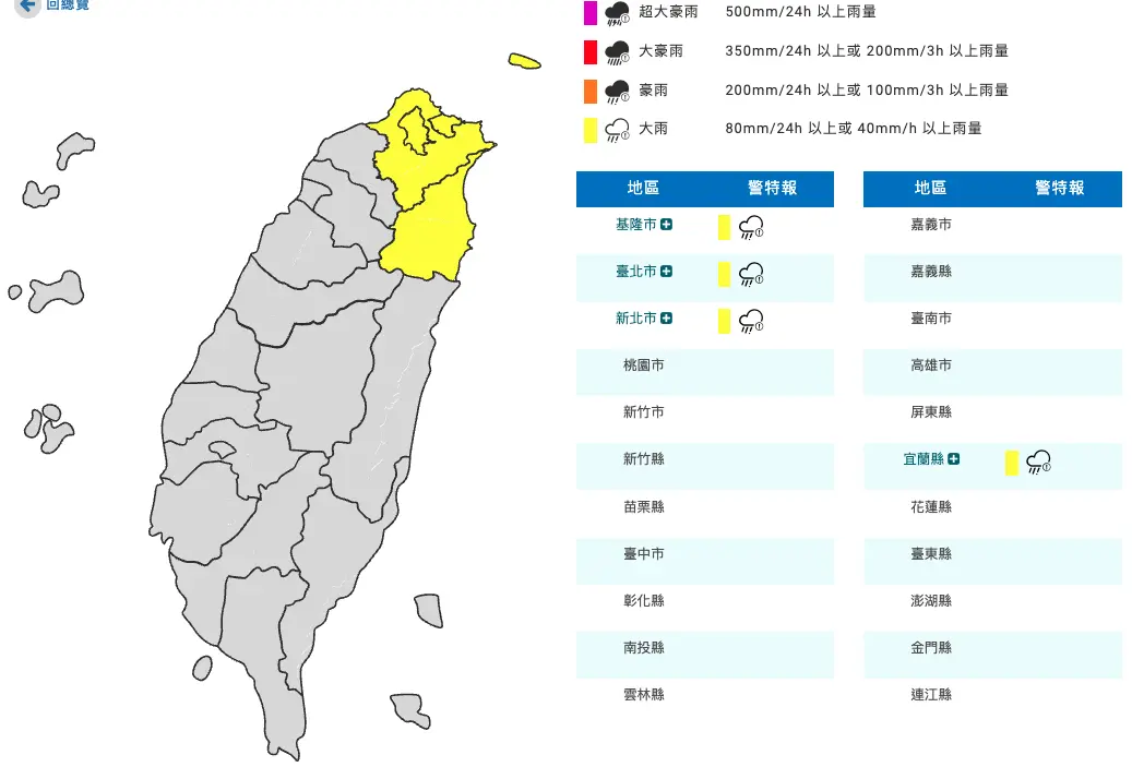 ▲中央氣象署今（20）日發布低溫特報，表示今日基隆北海岸、台北（南港）、新北（汐止）、宜蘭地區及大台北山區有局部大雨發生的機率。（圖／中央氣象署www.cwa.gov.tw）