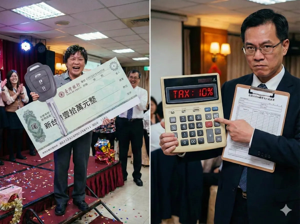 ▲尾牙幸運抽中大獎別高興太早，財政部提醒，獎項價值若超過2萬元門檻，現場需先預繳10%稅款，非居住者稅率更高達20%。（示意圖／AI 生成）