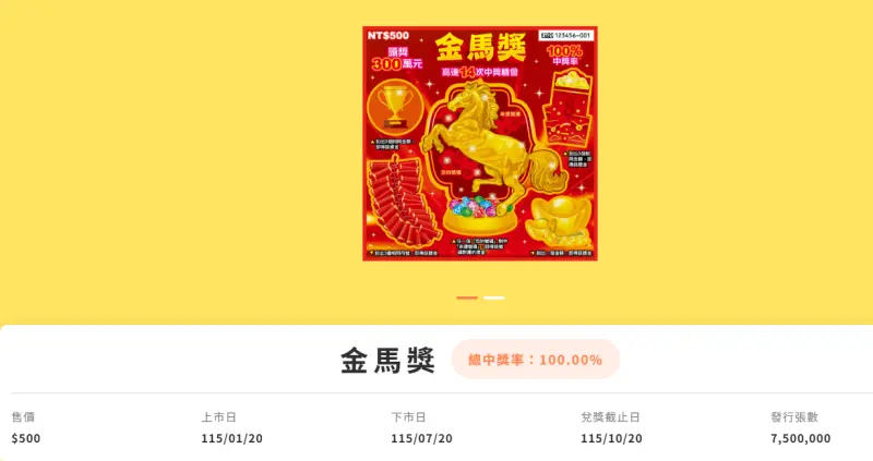    ▲新春刮刮樂「金馬獎」。（圖／取自台灣彩券公司官網）  