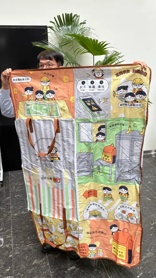 ▲多功能防災包攤開後，圖案是災難求生的必要知識，相當實用。（圖／記者顏幸如攝，2026.01.20）