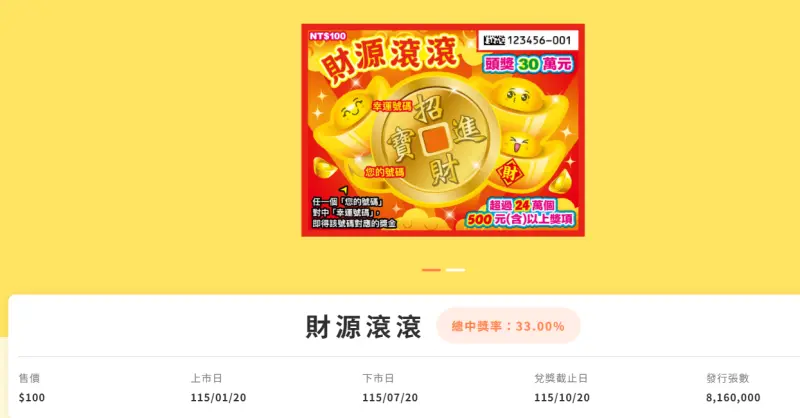    ▲新春刮刮樂「財源滾滾」。（圖／取自台灣彩券公司官網）  