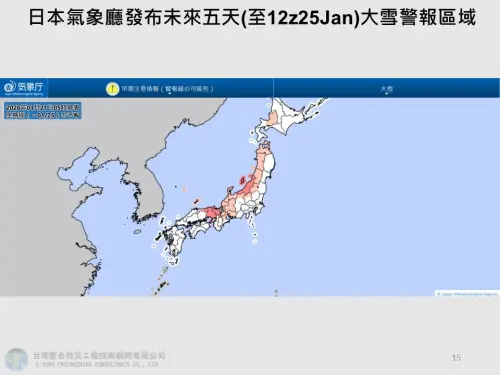 ▲日本周邊地區將持續受強勁的冬季氣壓影響，強降雪預計將持續5天或更久，目前已發布大雪警報。（圖／賈新興提供）