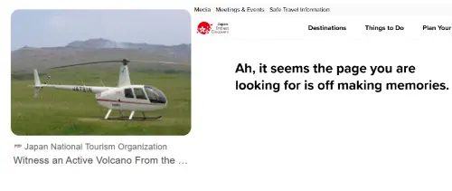 ▲日本觀光局的阿蘇火山直升機遊覽頁面，在發生事故後悄悄下架。（圖／翻攝自JNTO）