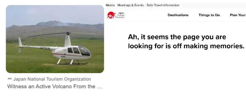 ▲日本觀光局的阿蘇火山直升機遊覽頁面,在發生事故後悄悄下架。(圖/翻攝自JNTO)