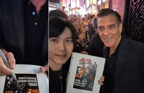 ▲林經哲看完George Clooney百老匯舞台劇的演出後，找他簽名合照。（圖／翻攝自林姓作家臉書）