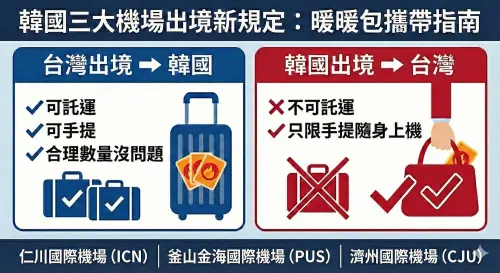 ▲韓國三大機場出境新規定！1/17起「暖暖包」攜帶指南一圖看懂。（圖／Gemini生成圖片）