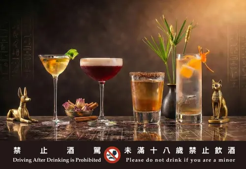 ▲台南遠東香格里拉大廳茶軒以「微醺尼羅河」為主題，推出向《埃及之王：法老》特展致敬的限定調酒。（圖／台南遠東香格里拉提供sltn.fareasternhotel.com.tw）