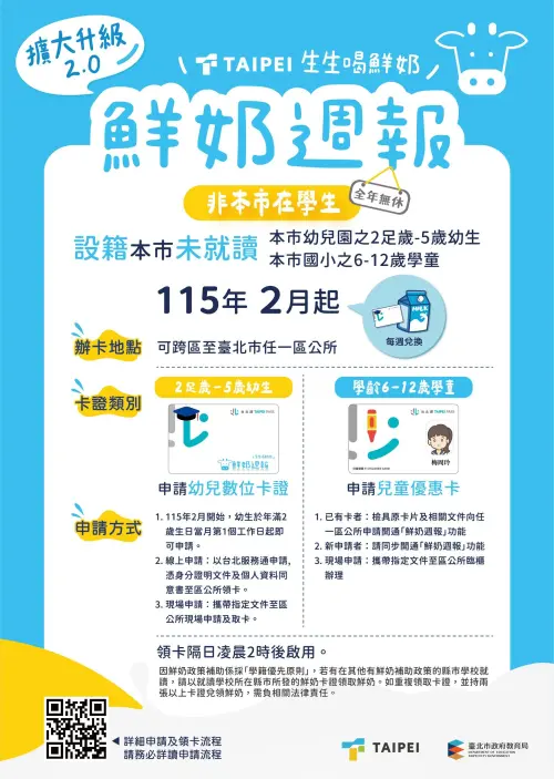 ▲北市2月起放寬「生生喝鮮奶」申請條件「當月壽星」當月滿2歲就能領。（圖／北市教育局）