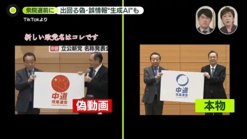 ▲有假影片將日本新政黨「中道改革聯合」的Logo改成與中國地圖相像的形狀，文字也被改成了紅色。（圖／翻攝自日本電視台）