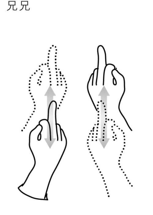 ▲根據「教育部常用手語辭典」的教學，兄弟（brothers）在台灣的手語打法，真的是要「雙手中指直伸、餘四指收握，指尖朝上、拳心朝內，輪流上下移動數次。」（圖／教育部常用手語辭典）