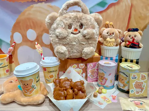 ▲CACO聯名Butterbear奶油小熊，雞蛋糕配泰奶最推薦；還有常溫點心零食。（圖／記者蕭涵云攝）
