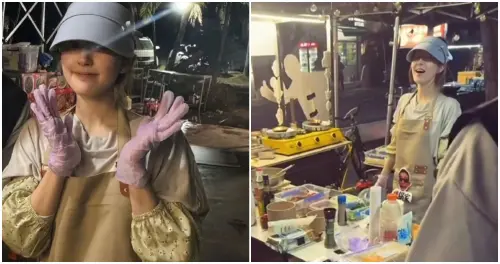 ▲趙露思被人發現在海南擺路邊攤，還親切跟粉絲寒暄、合照。（圖／微博＠摸魚頻道）