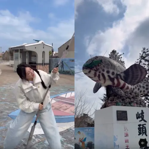 ▲安芝儇假裝釣「玳瑁石斑」雕像，表情逗趣。（圖／안지현 IG＠wlgus2qh）