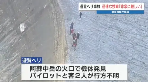 ▲日本熊本阿蘇火山觀光直升機20日發生墜機事故，2名台灣遊客及1名機師至今下落不明，警消公布搜救人員深入火山口的畫面。（圖／翻攝自RKK熊本放送）