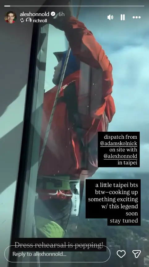 ▲霍諾德在IG轉發日前試爬101的畫面，好友透露彩排非常順、氣氛很好。（圖／Alex Honnold IG）