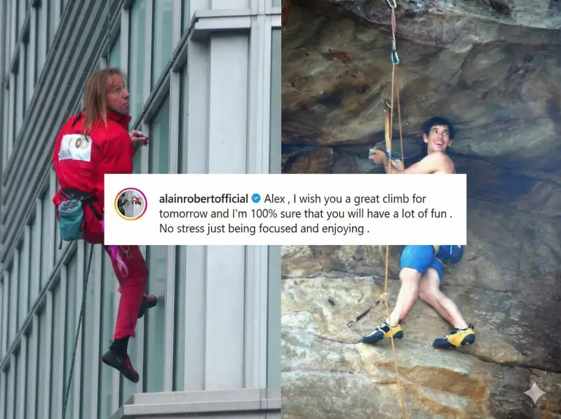 ▲跨世代蜘蛛人交鋒！「法國蜘蛛人」羅伯特（左）回顧 2004 年攀爬台北 101 壯舉，並透過 IG 留言應援即將挑戰的霍諾德（右），直言「百分百確定你會玩得很開心」。（合成圖／右圖美聯社／達志影像；左圖Rock Climbing Taiwan Guidebook。AI 後製）