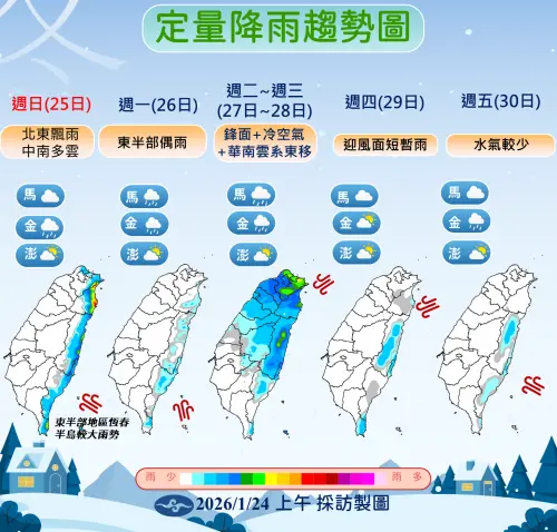 ▲周日水氣會比今天稍微少一點，但受中層雲系影響，大台北地區仍有零星短暫雨。（圖／中央氣象署cwa.gov.tw）