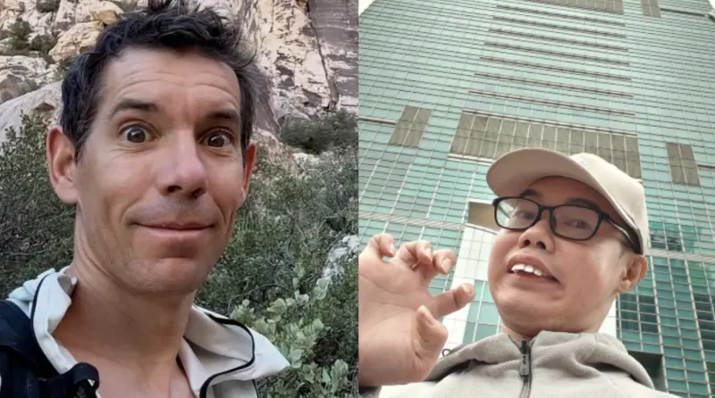 ▲艾力克斯·霍諾德（Alex Honnold；左）今（24）日挑戰徒手攀登台北101因天候不佳沒成，改至明日同一時間。今上午網紅鄧佳華（右）朝聖現場，打趣嘗試抓台北101樑柱，引來網友嘲諷，掀起話題。（圖／翻攝自霍諾德、鄧佳華IG＠dengjiahua0604）