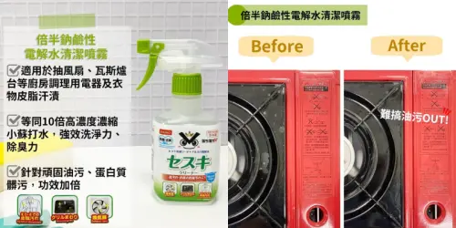 ▲倍半碳酸鈉鹼性電解水清潔噴霧比起小蘇打水去污效果更強，適合對付頑固油垢。（圖／翻攝自大創臉書粉專facebook.com/DaisoTW）