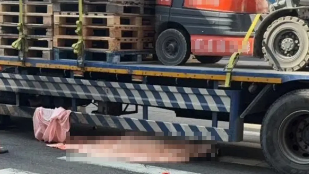 ▲彰化市今（24）早發生死亡車禍，82歲潘姓婦人買菜過馬路走斑馬線時，遭25歲男子駕駛大貨車撞擊，一度受困車底，警消到場已明顯死亡。（圖／翻攝畫面）