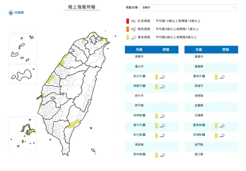 ▲24日下午至25日晚上新北市、桃園市、苗栗縣、台中市、彰化縣、雲林縣、台南市、台東縣、澎湖縣局部地區有平均風6級以上或陣風8級以上發生的機率。（圖／中央氣象署www.cwa.gov.tw）