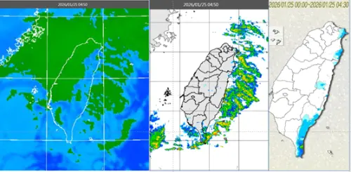 ▲25日上午4時50分紅外線色調強化雲圖顯示，中部以北及東半部雲層較多，降水回波大多在東半部海上。4時30分累積雨量顯示，新北東側及東半部局部降雨。（圖／吳德榮提供）