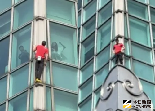 ▲霍諾德爬到一半還轉身向觀眾打招呼，大樓內也有粉絲朝聖他帥氣身影。（圖／記者蕭涵云攝）